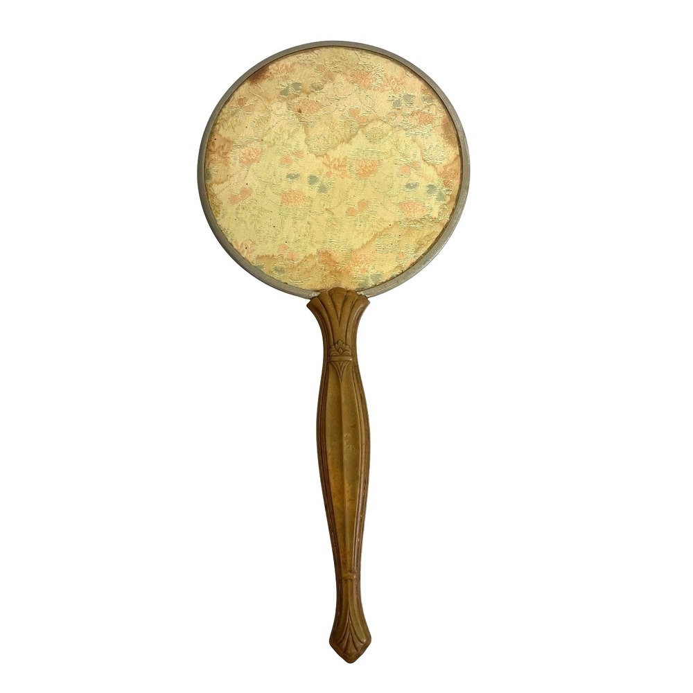 Vintage Art Deco Hand Mirror Floral‎ Brocade Fabric Back Hollywood Regency Metal